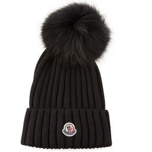 Moncler Wool Knit Hat W/ Fur Pompom in Black
